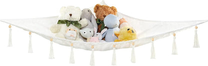 Stuffed Animal Hammock Corner Hanging Toy Organizer Storage with Tassels Plush Toys Net Holder Nursery Wall Bedroom Play Room Kid Room Decor