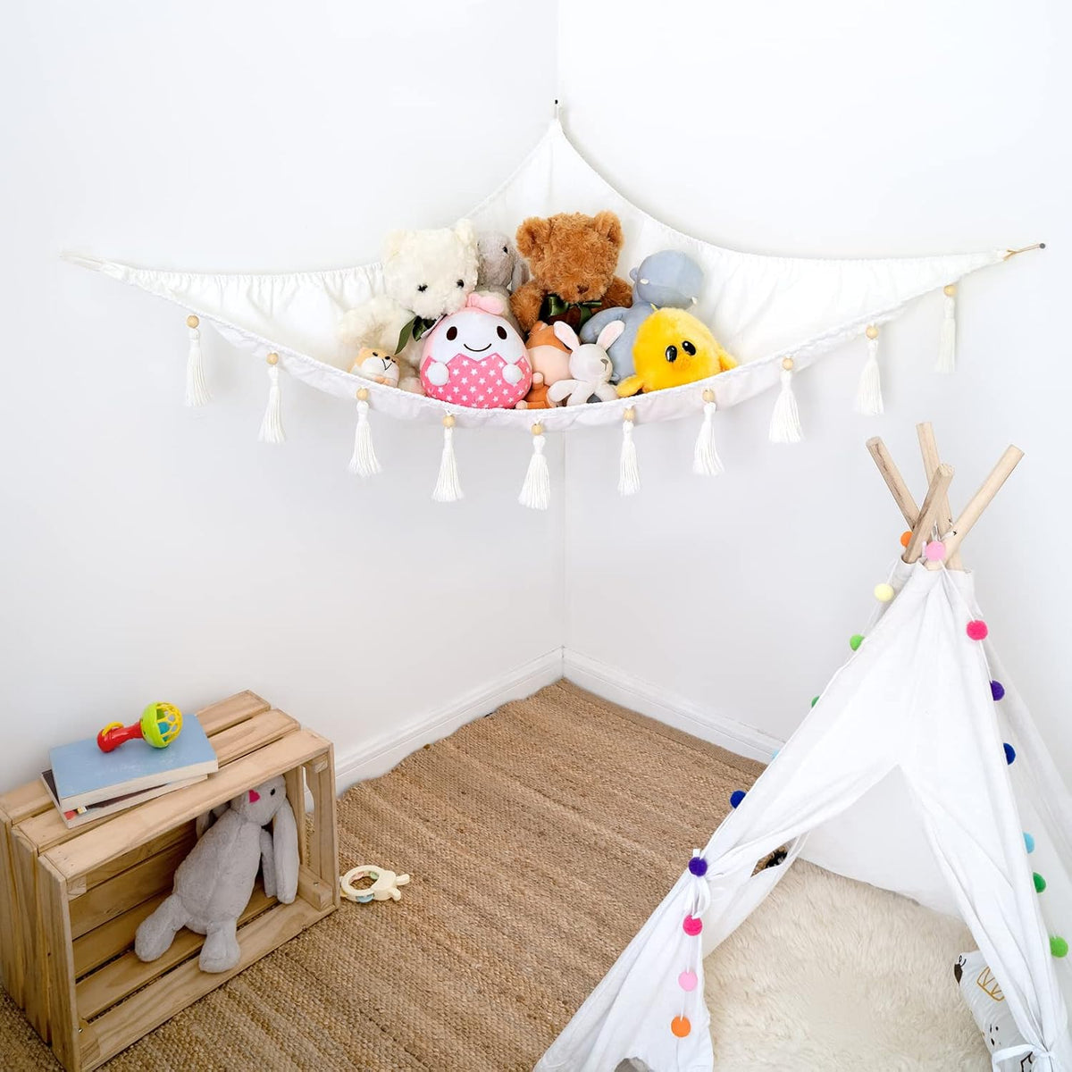 Stuffed Animal Hammock Corner Hanging Toy Organizer Storage with Tassels Plush Toys Net Holder Nursery Wall Bedroom Play Room Kid Room Decor
