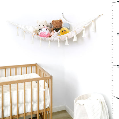 Stuffed Animal Hammock Corner Hanging Toy Organizer Storage with Tassels Plush Toys Net Holder Nursery Wall Bedroom Play Room Kid Room Decor