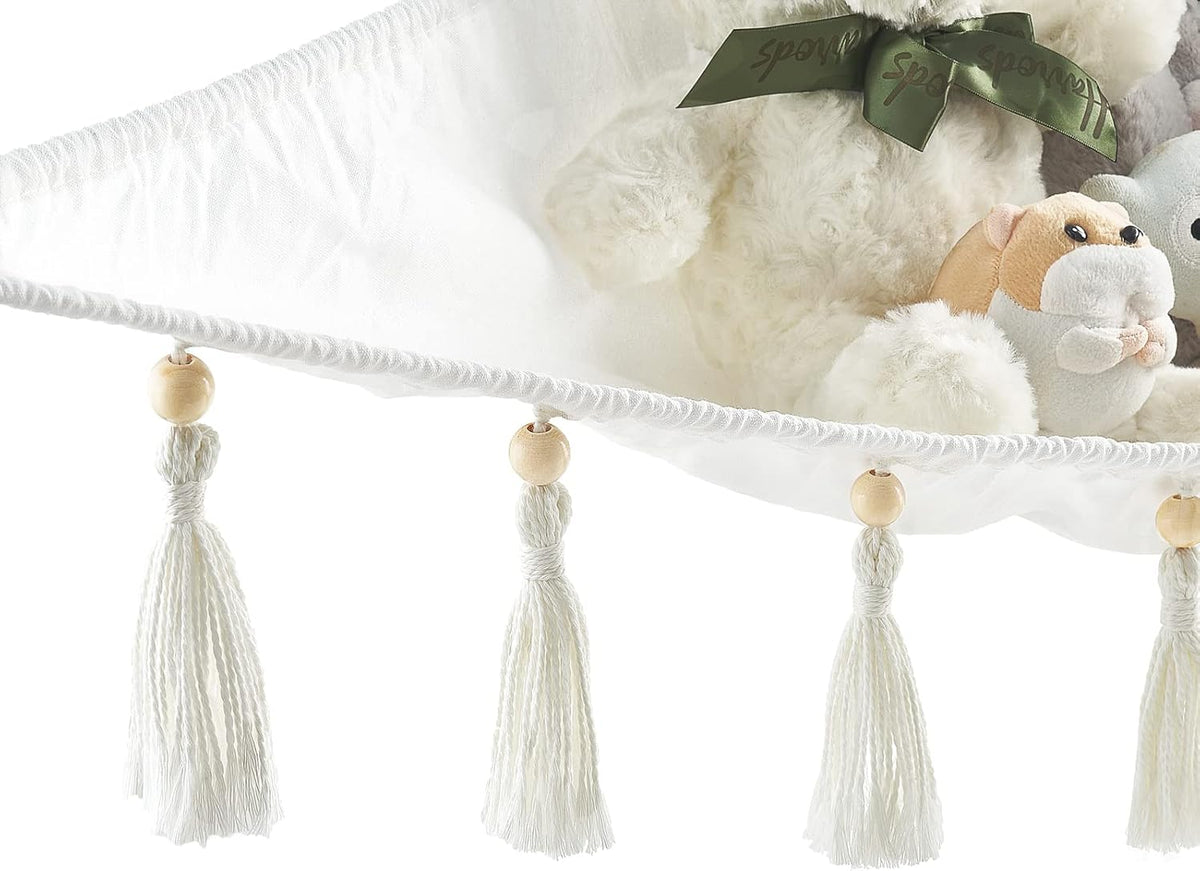 Stuffed Animal Hammock Corner Hanging Toy Organizer Storage with Tassels Plush Toys Net Holder Nursery Wall Bedroom Play Room Kid Room Decor