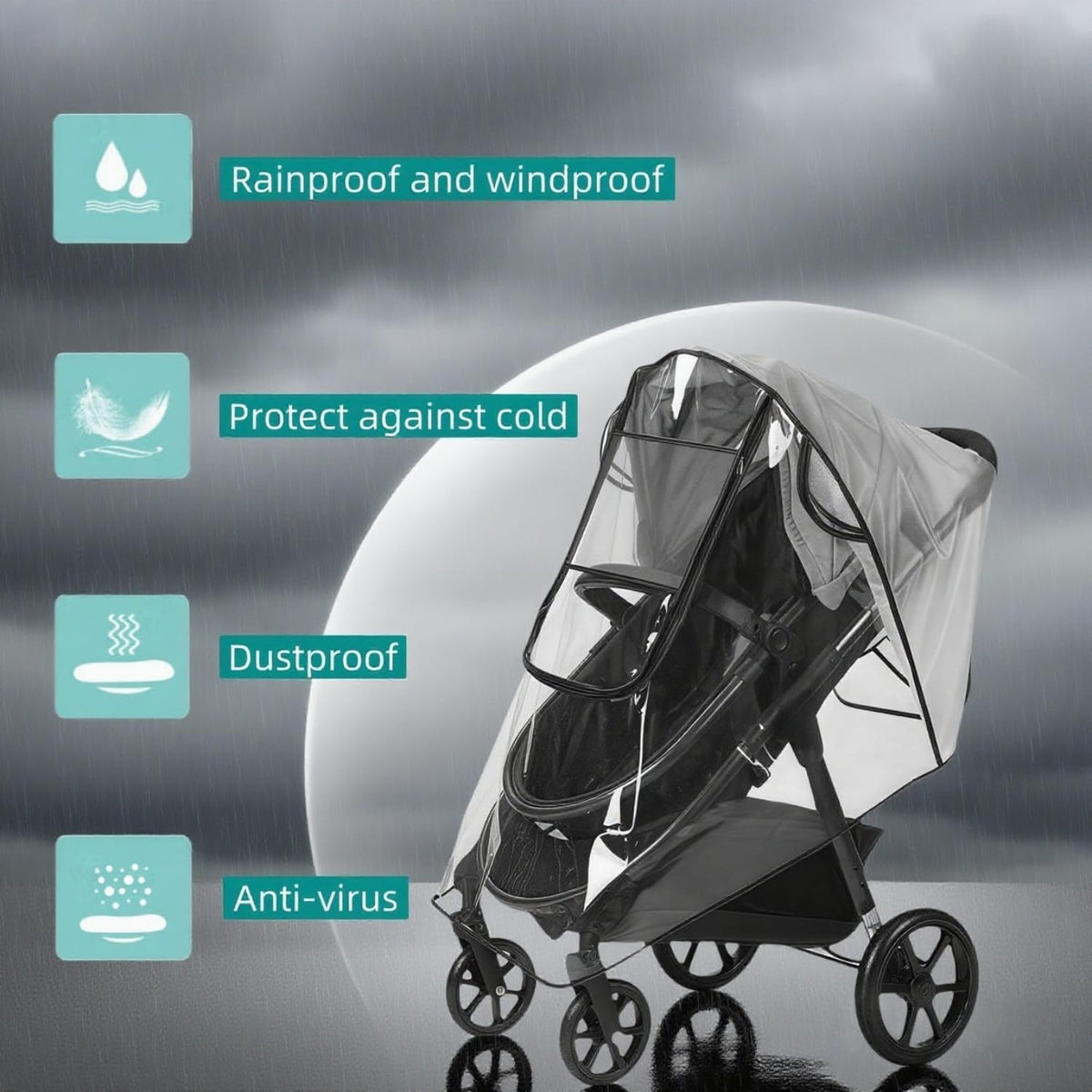 Stroller Rain Cover Universal with Waterproof Zip, Food-Grade EVA Material
