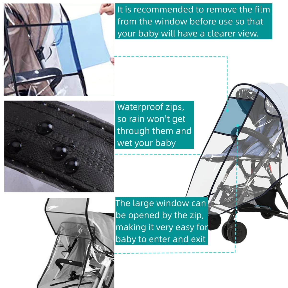 Stroller Rain Cover Universal with Waterproof Zip, Food-Grade EVA Material