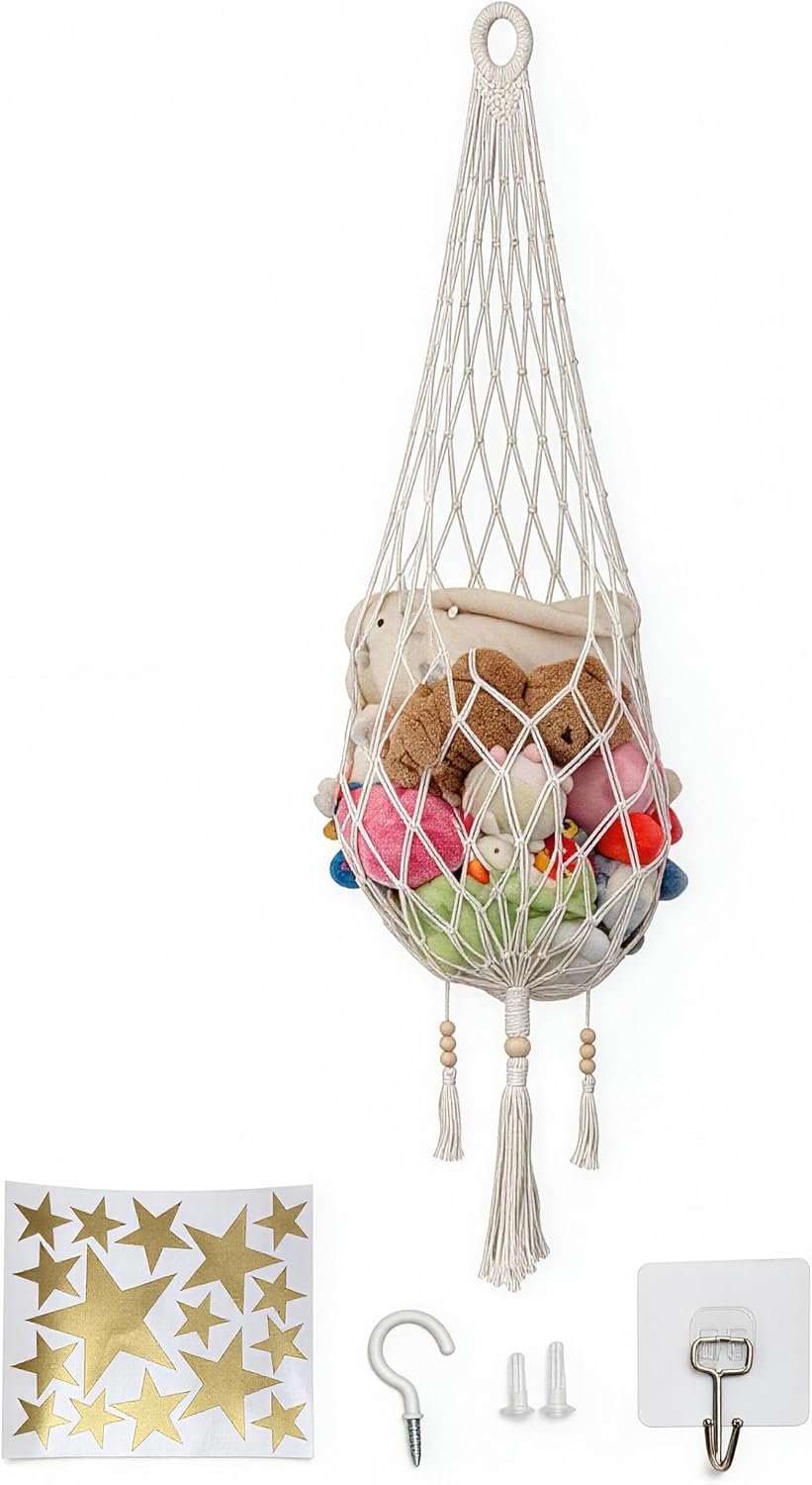 Stuffed Animal Hammock with Hooks, 5 FT Boho Macrame Hanging Toy Storage Net, Cotton Plush Toy Organizer for Wall or Door, Nursery, Kids Playroom, Includes Wall & Adhesive Hook & Star Stickers, Cream