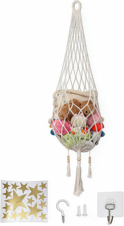Stuffed Animal Hammock with Hooks, 5 FT Boho Macrame Hanging Toy Storage Net, Cotton Plush Toy Organizer for Wall or Door, Nursery, Kids Playroom, Includes Wall & Adhesive Hook & Star Stickers, Cream