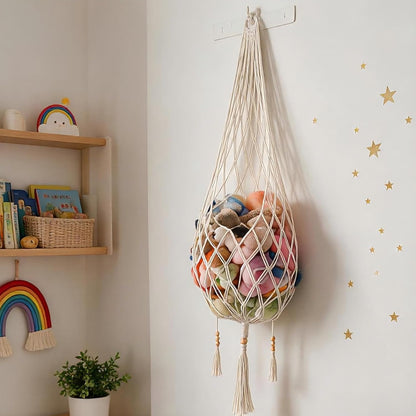 Stuffed Animal Hammock with Hooks, 5 FT Boho Macrame Hanging Toy Storage Net, Cotton Plush Toy Organizer for Wall or Door, Nursery, Kids Playroom, Includes Wall & Adhesive Hook & Star Stickers, Cream