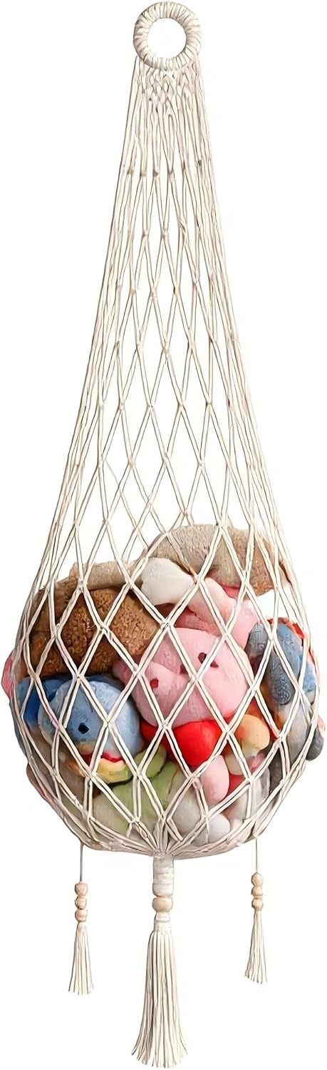 Stuffed Animal Hammock with Hooks, 5 FT Boho Macrame Hanging Toy Storage Net, Cotton Plush Toy Organizer for Wall or Door, Nursery, Kids Playroom, Includes Wall & Adhesive Hook & Star Stickers, Cream
