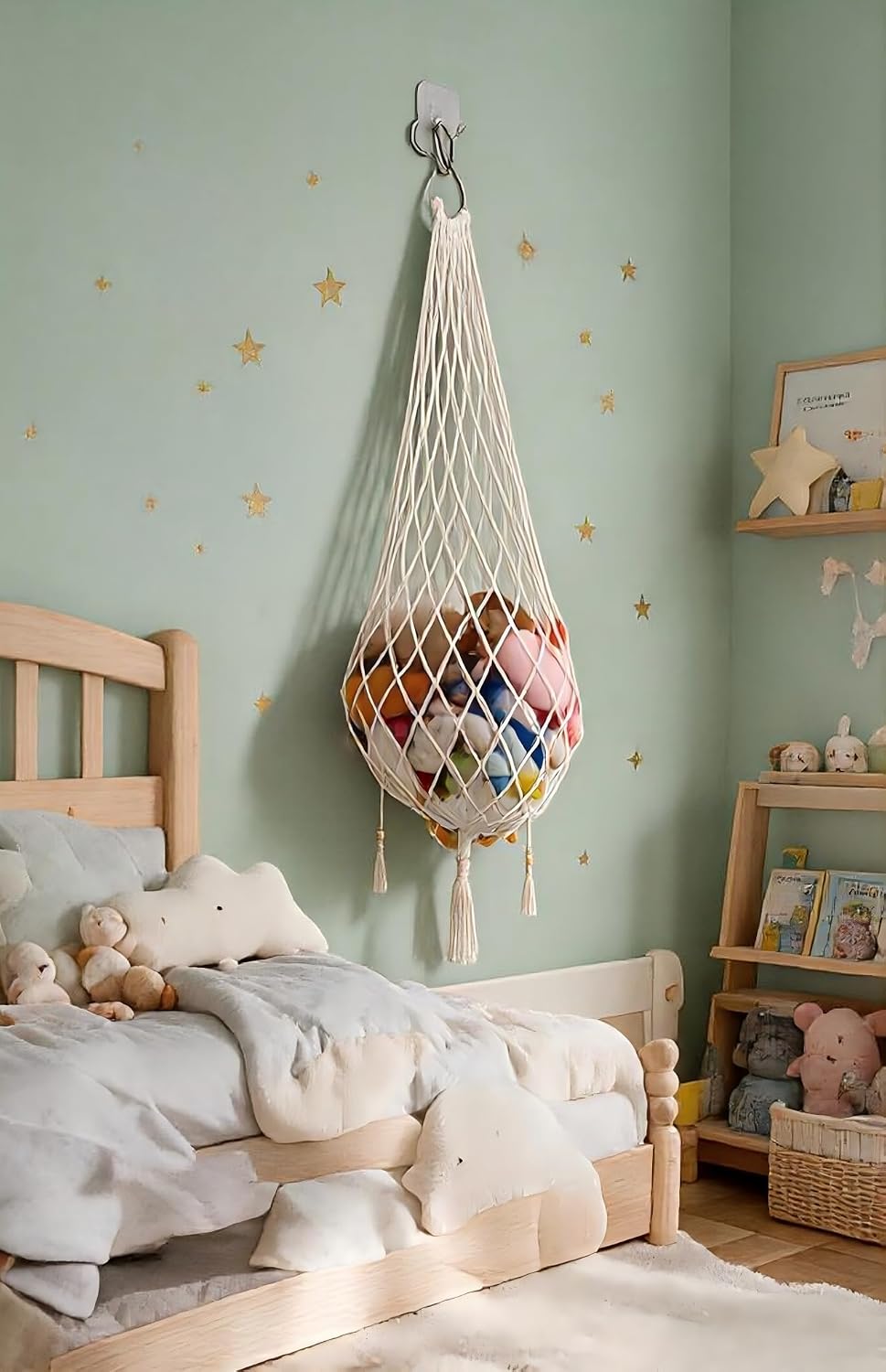 Stuffed Animal Hammock with Hooks, 5 FT Boho Macrame Hanging Toy Storage Net, Cotton Plush Toy Organizer for Wall or Door, Nursery, Kids Playroom, Includes Wall & Adhesive Hook & Star Stickers, Cream