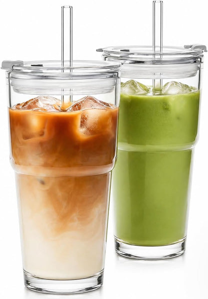 20oz Glass Tumbler with Lid and Straws, Reusable Ice Coffee Cups, to Go Drinking Glasses for Water, Smoothie, Matcha, Iced Tea Fruit Juice, Hot and Cold Beverages, Clear, Set of 2