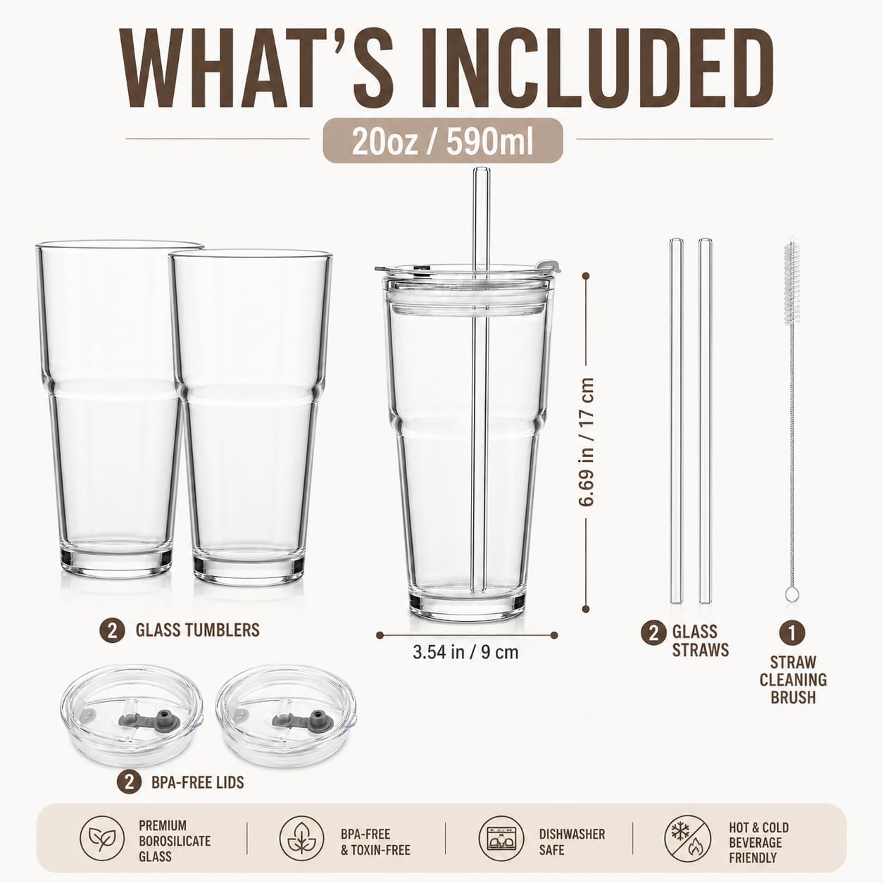 20oz Glass Tumbler with Lid and Straws, Reusable Ice Coffee Cups, to Go Drinking Glasses for Water, Smoothie, Matcha, Iced Tea Fruit Juice, Hot and Cold Beverages, Clear, Set of 2