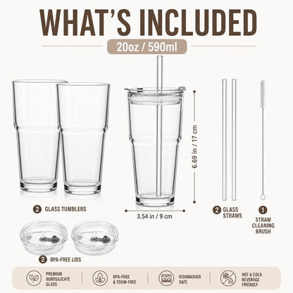 20oz Glass Tumbler with Lid and Straws, Reusable Ice Coffee Cups, to Go Drinking Glasses for Water, Smoothie, Matcha, Iced Tea Fruit Juice, Hot and Cold Beverages, Clear, Set of 2