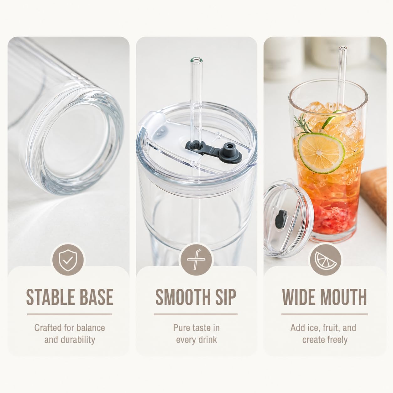 20oz Glass Tumbler with Lid and Straws, Reusable Ice Coffee Cups, to Go Drinking Glasses for Water, Smoothie, Matcha, Iced Tea Fruit Juice, Hot and Cold Beverages, Clear, Set of 2