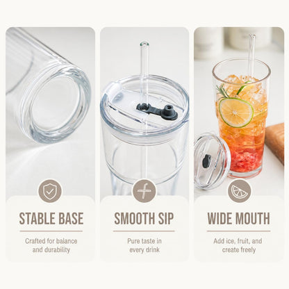 20oz Glass Tumbler with Lid and Straws, Reusable Ice Coffee Cups, to Go Drinking Glasses for Water, Smoothie, Matcha, Iced Tea Fruit Juice, Hot and Cold Beverages, Clear, Set of 2
