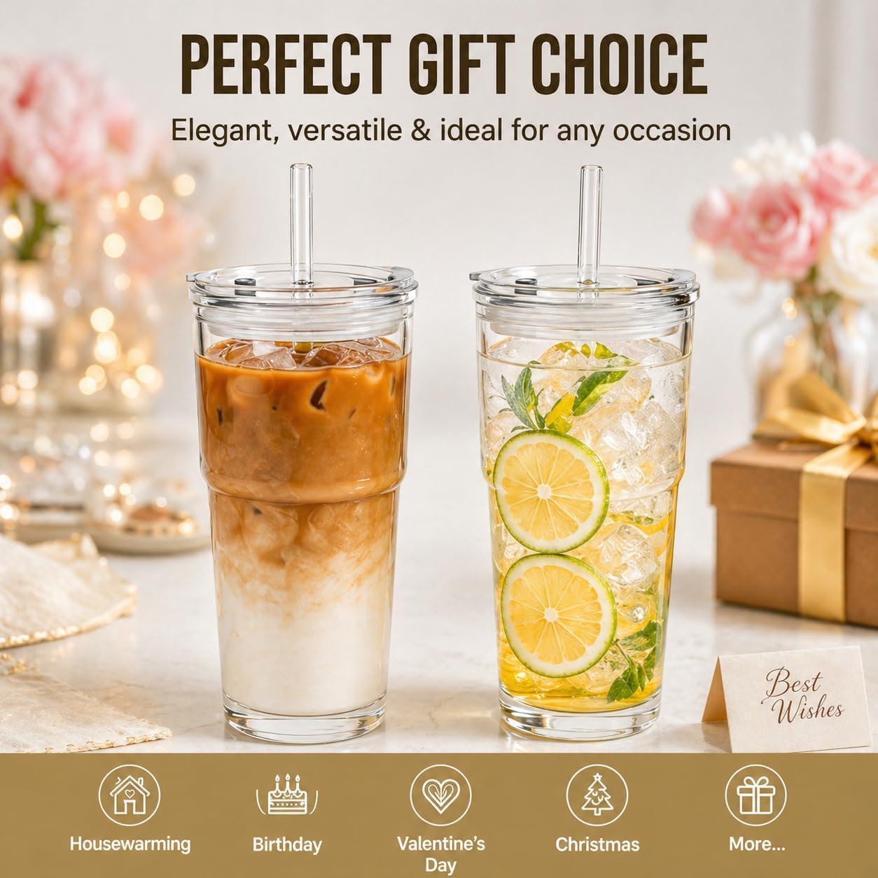 20oz Glass Tumbler with Lid and Straws, Reusable Ice Coffee Cups, to Go Drinking Glasses for Water, Smoothie, Matcha, Iced Tea Fruit Juice, Hot and Cold Beverages, Clear, Set of 2
