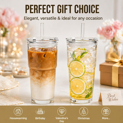 20oz Glass Tumbler with Lid and Straws, Reusable Ice Coffee Cups, to Go Drinking Glasses for Water, Smoothie, Matcha, Iced Tea Fruit Juice, Hot and Cold Beverages, Clear, Set of 2