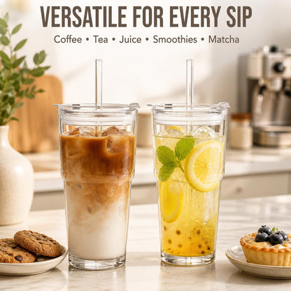 20oz Glass Tumbler with Lid and Straws, Reusable Ice Coffee Cups, to Go Drinking Glasses for Water, Smoothie, Matcha, Iced Tea Fruit Juice, Hot and Cold Beverages, Clear, Set of 2