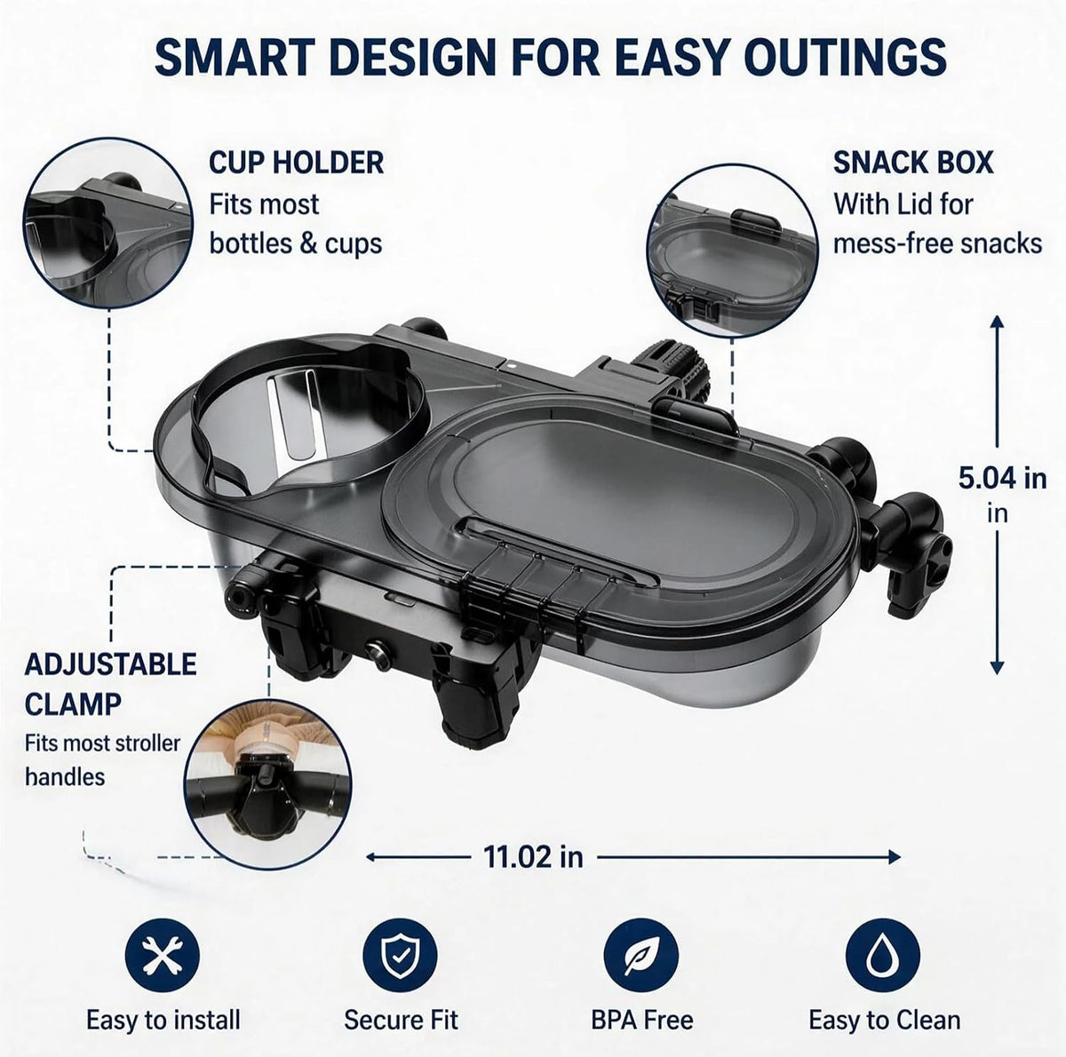 Stroller Snack Tray With Lid Cup Holder Universal Stroller Snack Tray Attachment Tray For Stroller With Adjustable Clamp Baby Toddler Travel