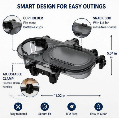 Stroller Snack Tray With Lid Cup Holder Universal Stroller Snack Tray Attachment Tray For Stroller With Adjustable Clamp Baby Toddler Travel