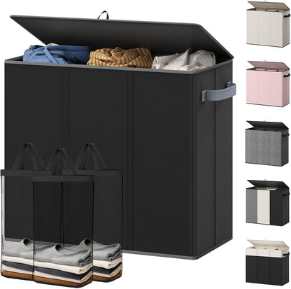 180L Laundry Hamper 3 Section, Large Hamper with Mesh Bags & Lid