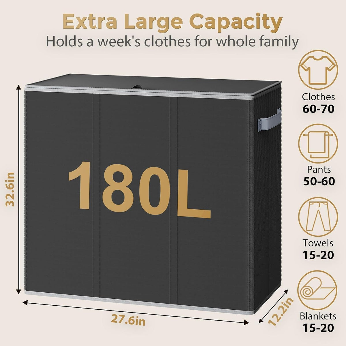 180L Laundry Hamper 3 Section, Large Hamper with Mesh Bags & Lid