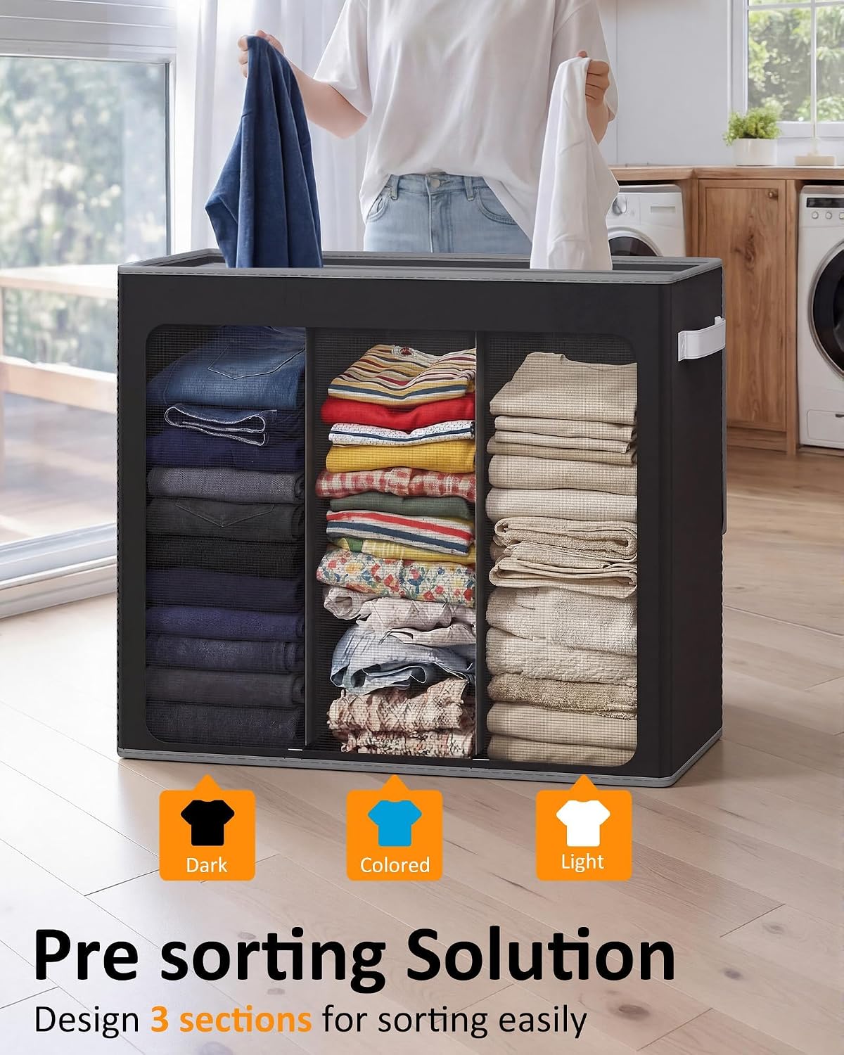 180L Laundry Hamper 3 Section, Large Hamper with Mesh Bags & Lid