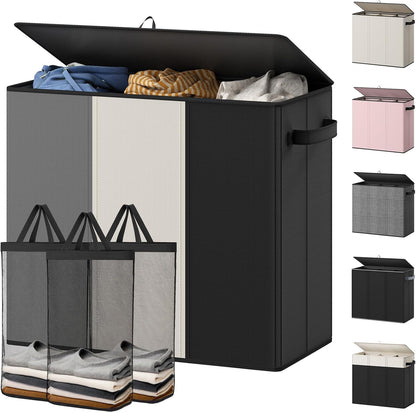180L Laundry Hamper 3 Section, Large Hamper with Mesh Bags & Lid