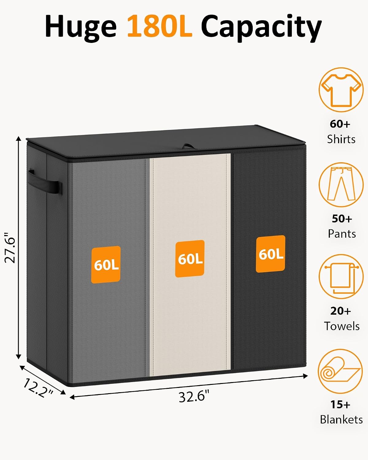 180L Laundry Hamper 3 Section, Large Hamper with Mesh Bags & Lid