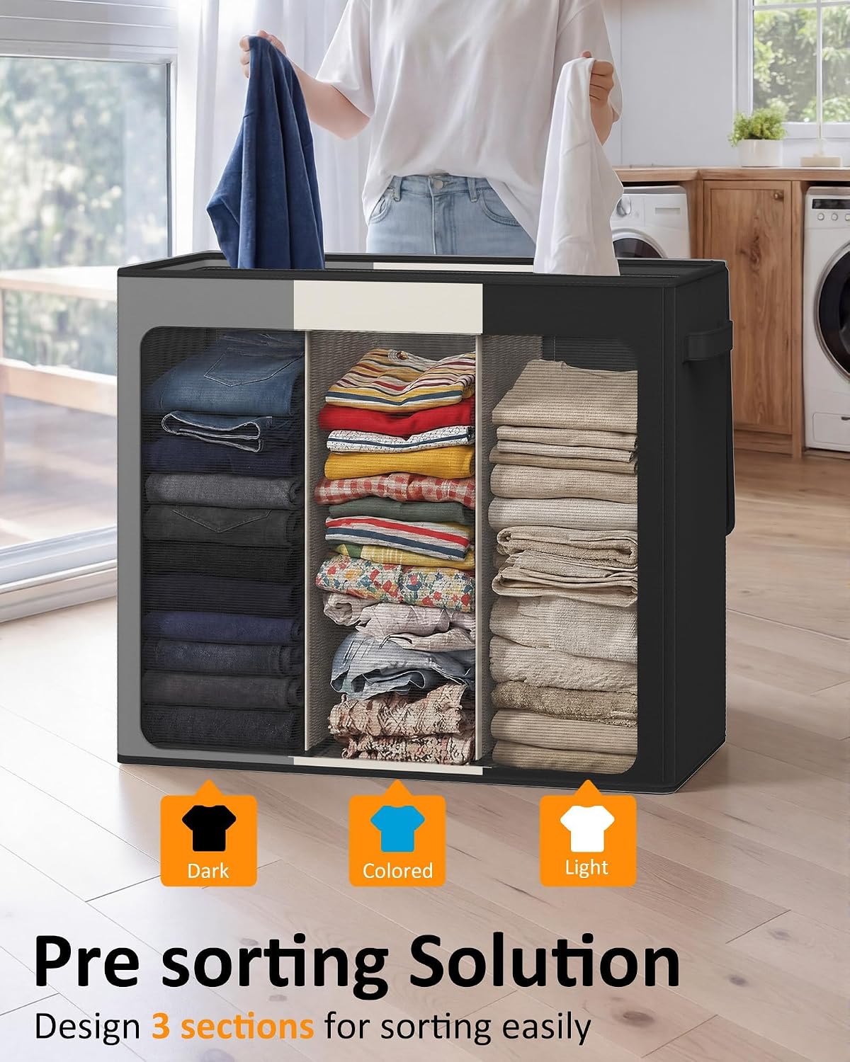 180L Laundry Hamper 3 Section, Large Hamper with Mesh Bags & Lid