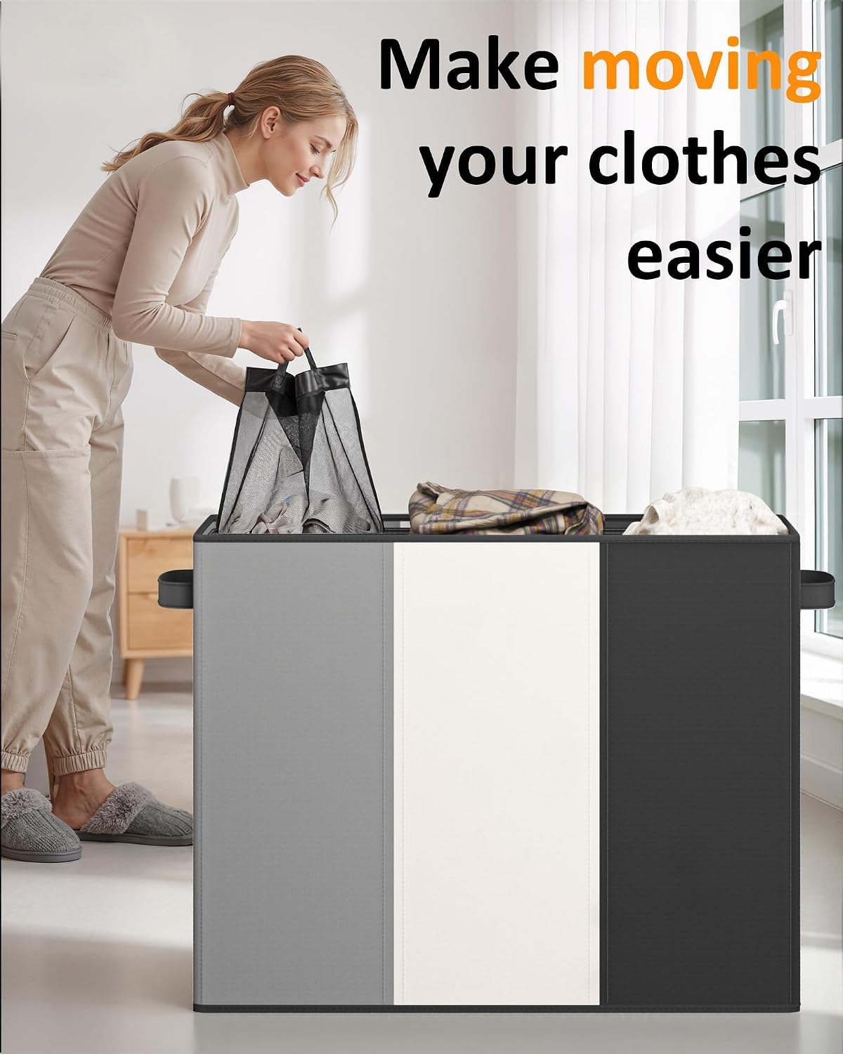 180L Laundry Hamper 3 Section, Large Hamper with Mesh Bags & Lid