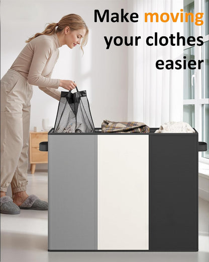 180L Laundry Hamper 3 Section, Large Hamper with Mesh Bags & Lid