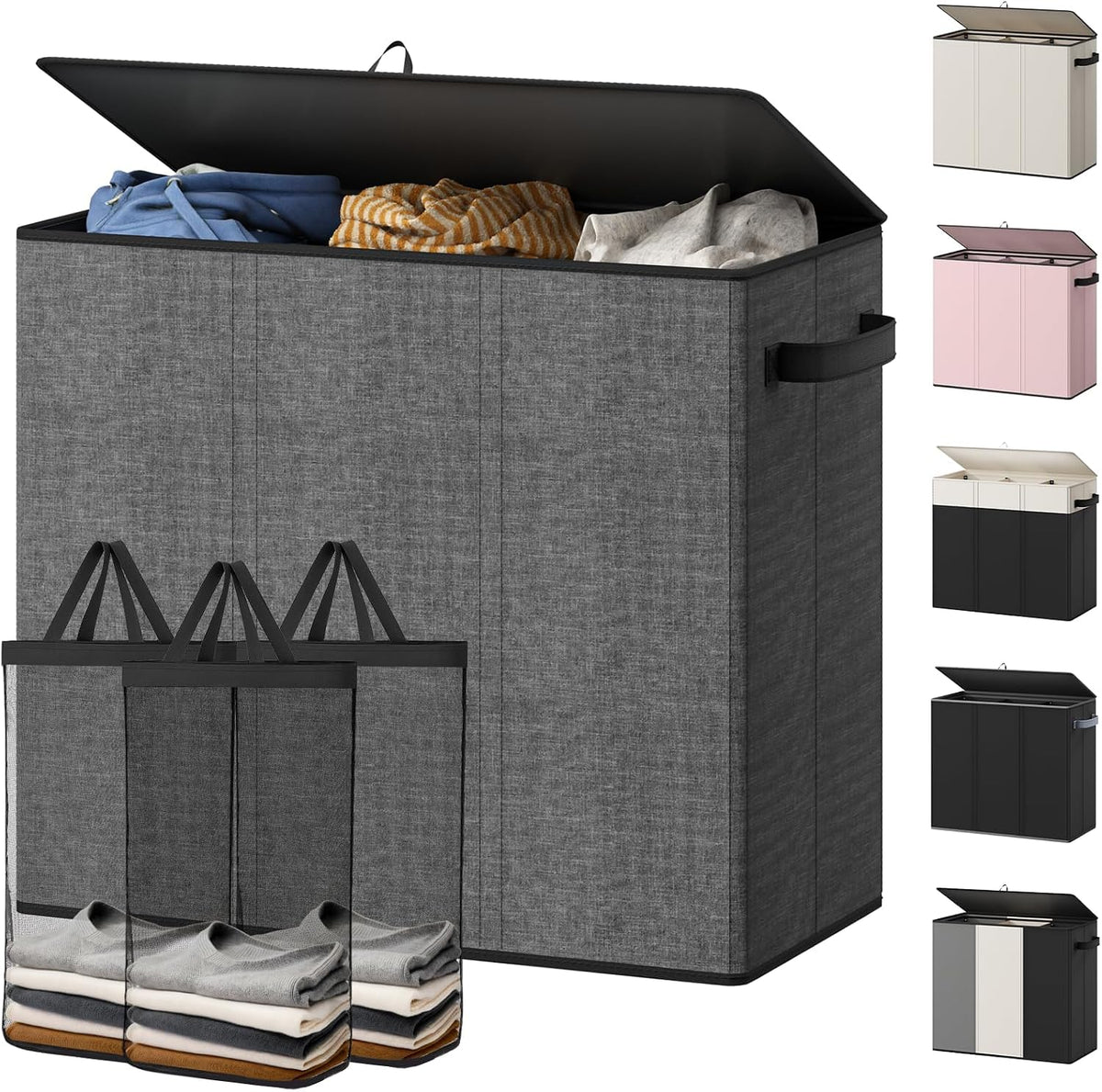 180L Laundry Hamper 3 Section, Large Hamper with Mesh Bags & Lid