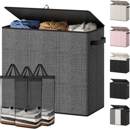 180L Laundry Hamper 3 Section, Large Hamper with Mesh Bags & Lid