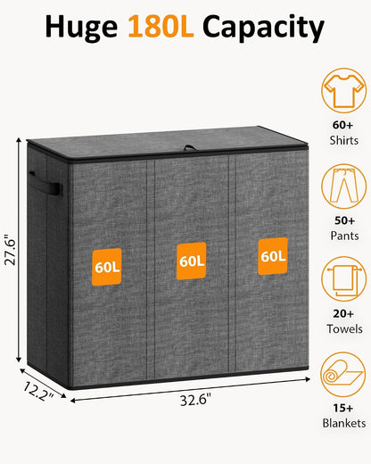180L Laundry Hamper 3 Section, Large Hamper with Mesh Bags & Lid
