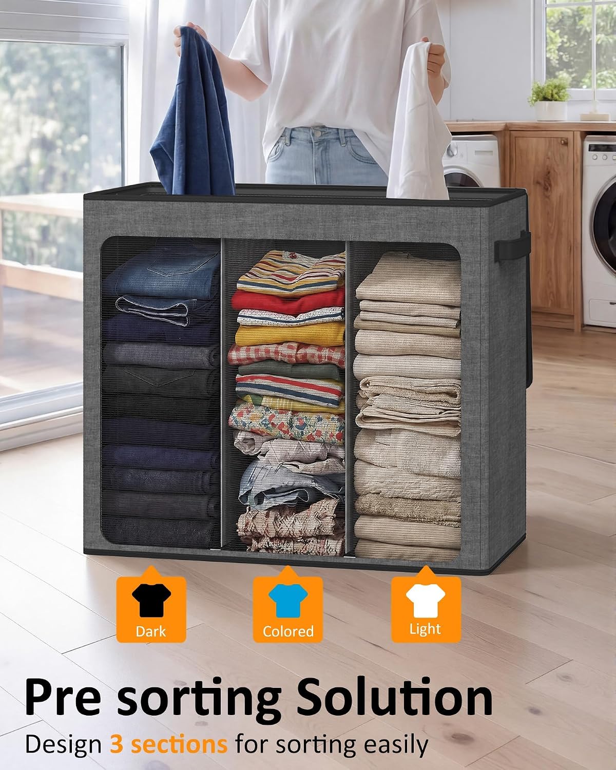 180L Laundry Hamper 3 Section, Large Hamper with Mesh Bags & Lid