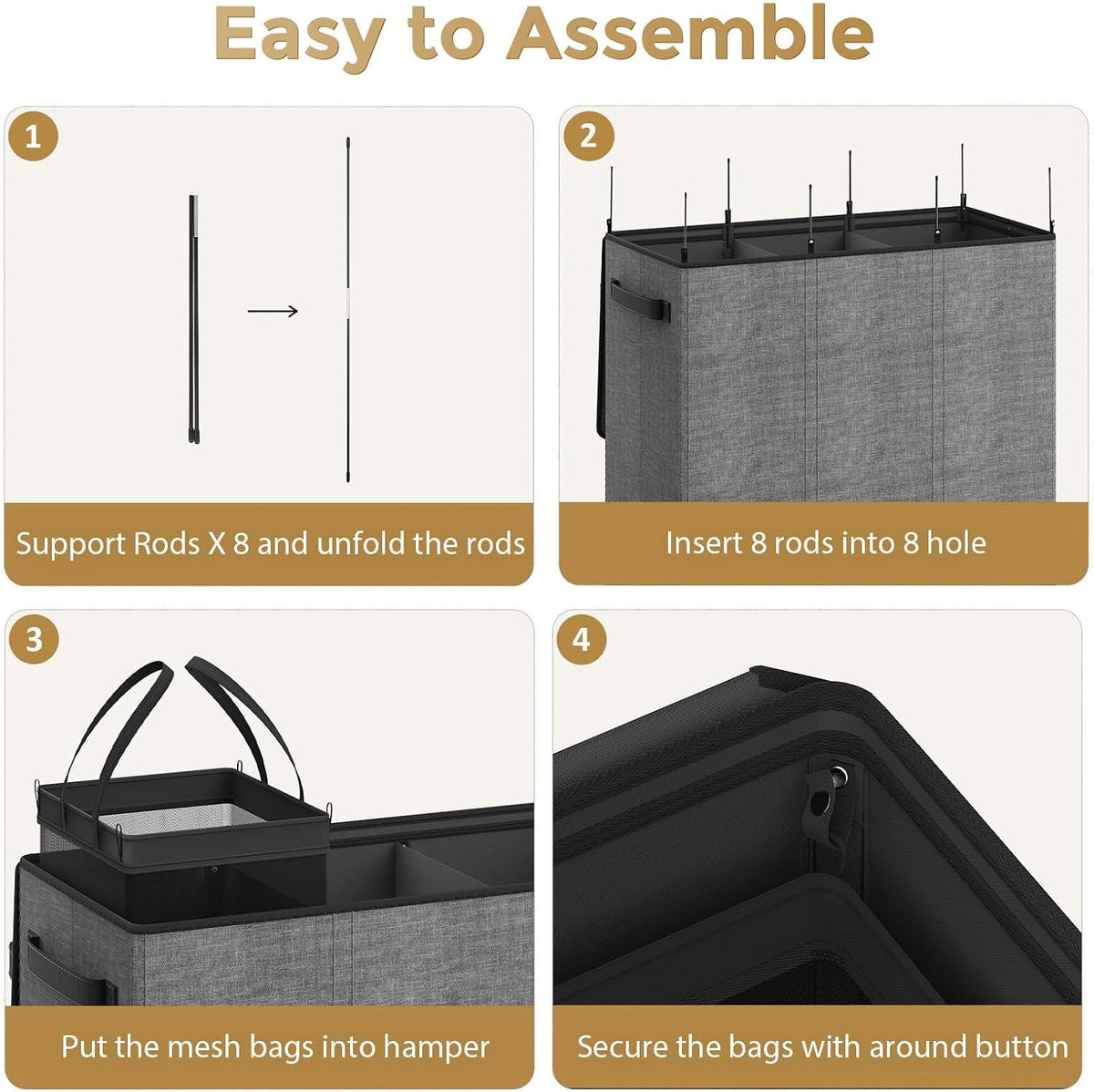 180L Laundry Hamper 3 Section, Large Hamper with Mesh Bags & Lid