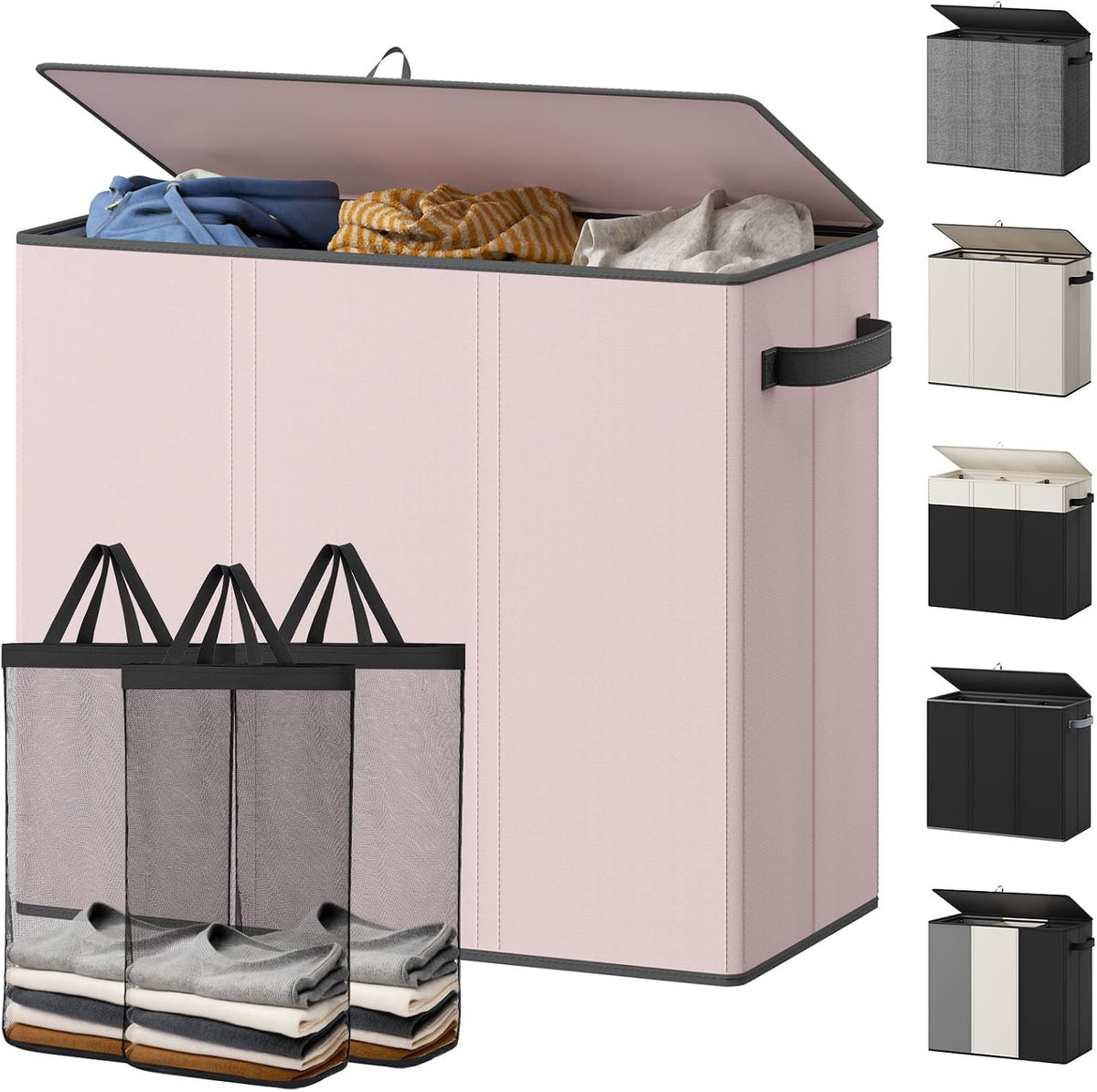 180L Laundry Hamper 3 Section, Large Hamper with Mesh Bags & Lid