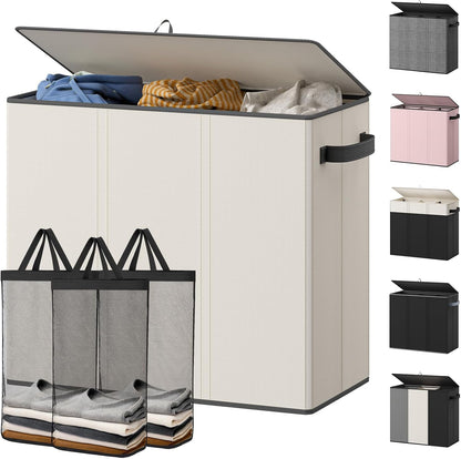 180L Laundry Hamper 3 Section, Large Hamper with Mesh Bags & Lid