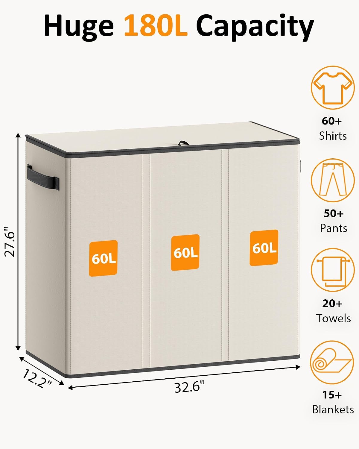 180L Laundry Hamper 3 Section, Large Hamper with Mesh Bags & Lid