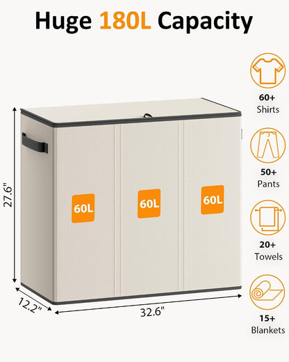 180L Laundry Hamper 3 Section, Large Hamper with Mesh Bags & Lid