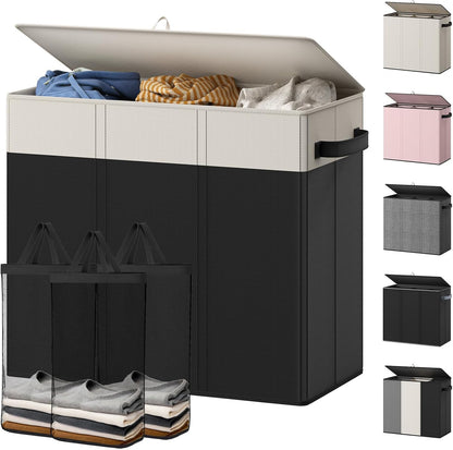 180L Laundry Hamper 3 Section, Large Hamper with Mesh Bags & Lid