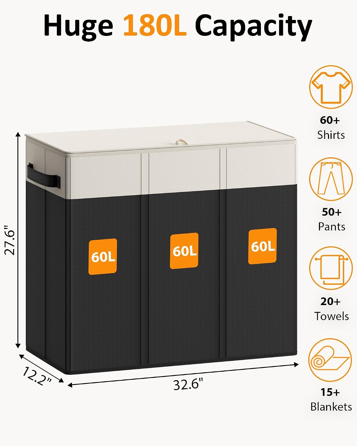 180L Laundry Hamper 3 Section, Large Hamper with Mesh Bags & Lid