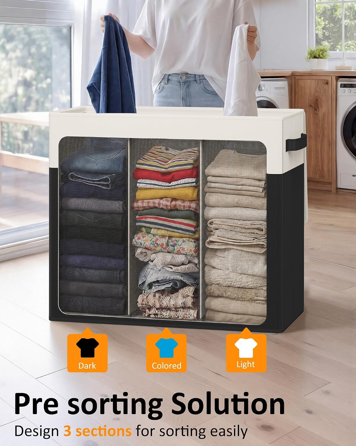 180L Laundry Hamper 3 Section, Large Hamper with Mesh Bags & Lid