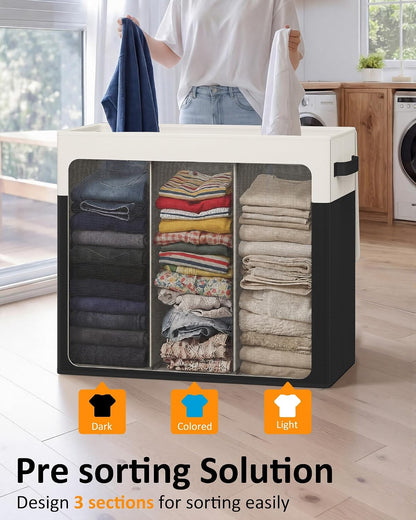 180L Laundry Hamper 3 Section, Large Hamper with Mesh Bags & Lid