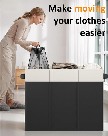 180L Laundry Hamper 3 Section, Large Hamper with Mesh Bags & Lid
