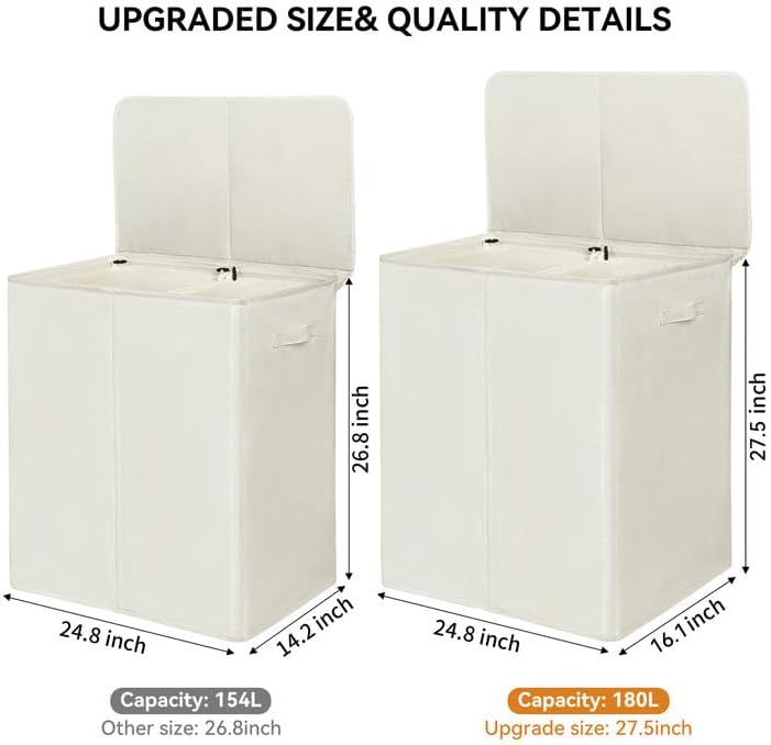 180L Double Laundry Hamper 2 Section with Lid and Removable Bags
