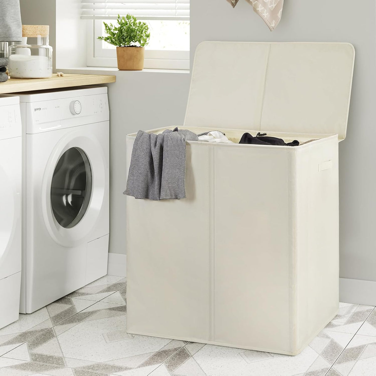180L Double Laundry Hamper 2 Section with Lid and Removable Bags