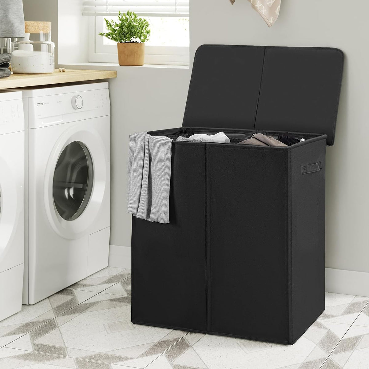 180L Double Laundry Hamper 2 Section with Lid and Removable Bags