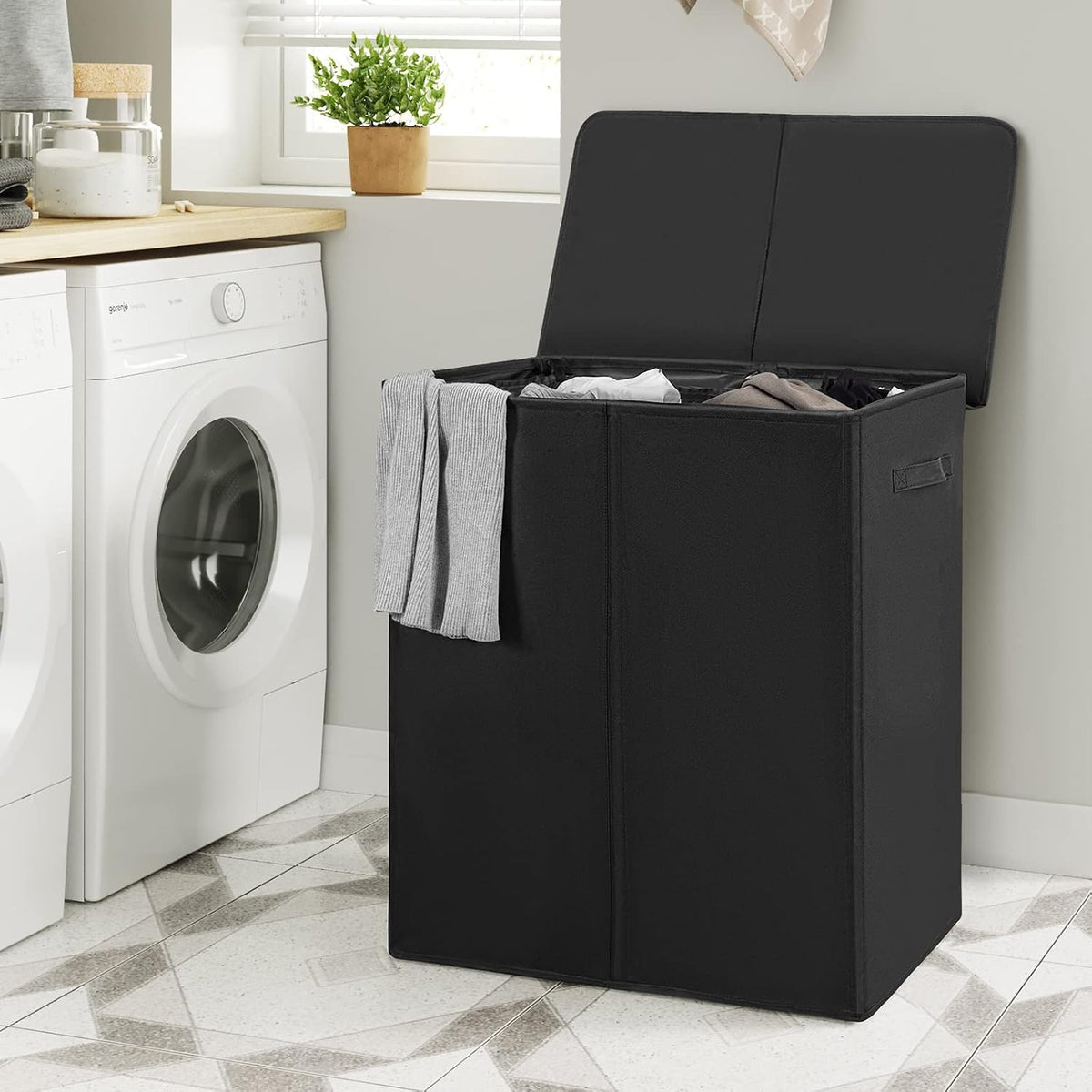 180L Double Laundry Hamper 2 Section with Lid and Removable Bags