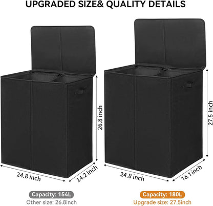 180L Double Laundry Hamper 2 Section with Lid and Removable Bags