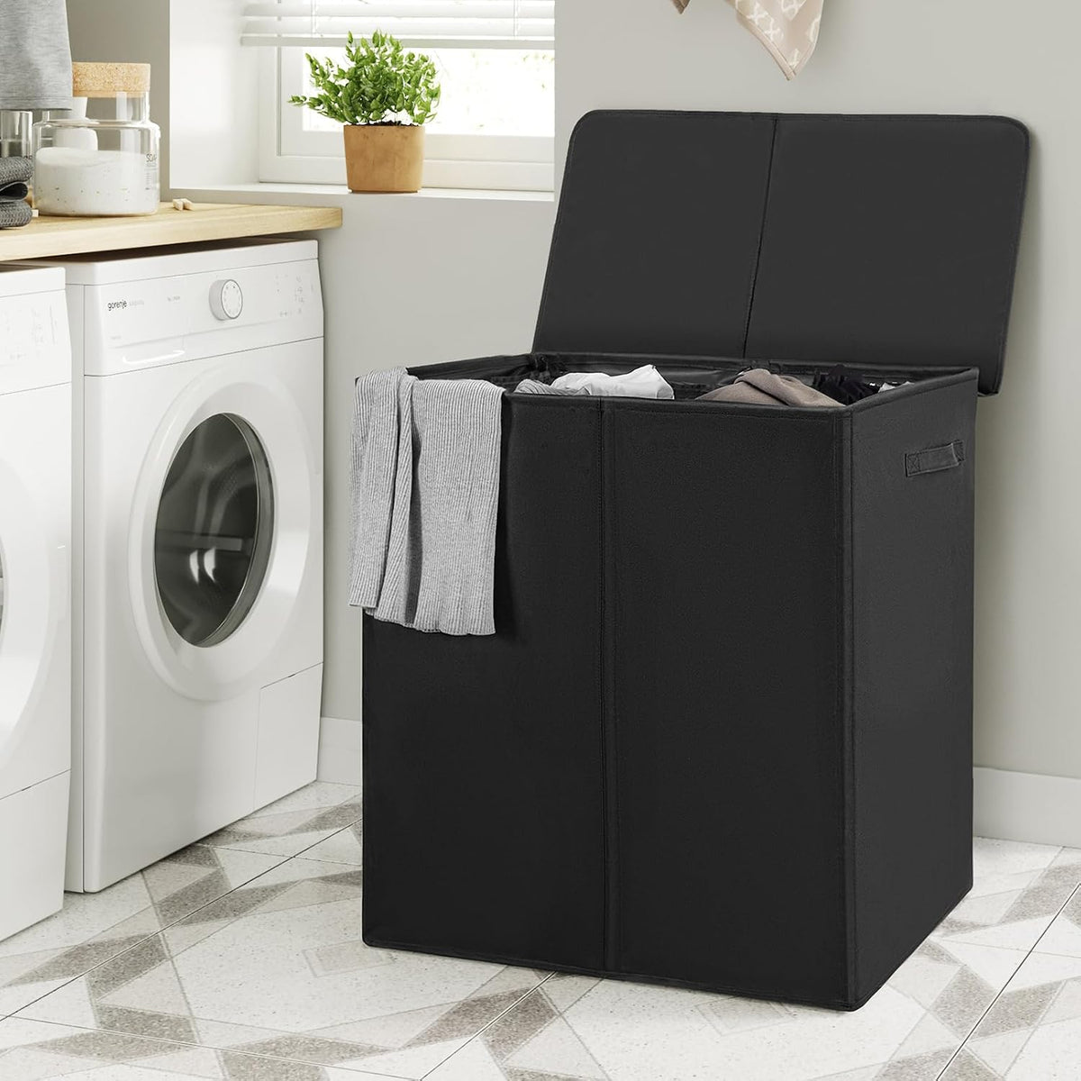 180L Double Laundry Hamper 2 Section with Lid and Removable Bags