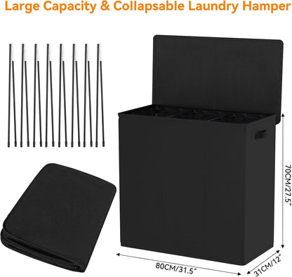 180L Double Laundry Hamper 2 Section with Lid and Removable Bags